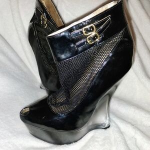 Qupid Black Vinyl Mesh Peep-Toe Plastic Heels